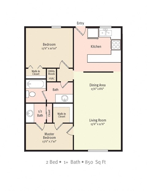 2D Floorplan of 2 Bedroom 1.5 Bath 850 sq ft